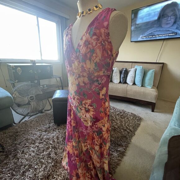 Covington Womans Babydoll Maxi Dress Pink Multi Floral Sleeveless Sheer Fairy 14 - Picture 7 of 16